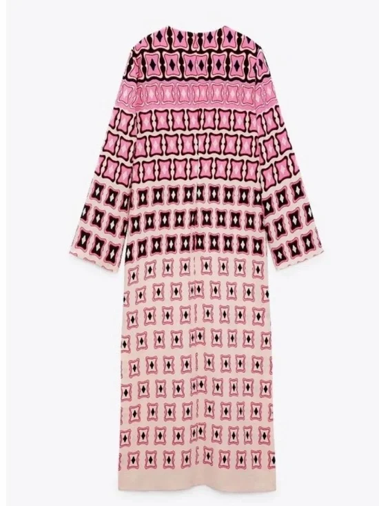 Zara Pink Geometric Midi Maxi Dress Size S - Picture 6 of 9
